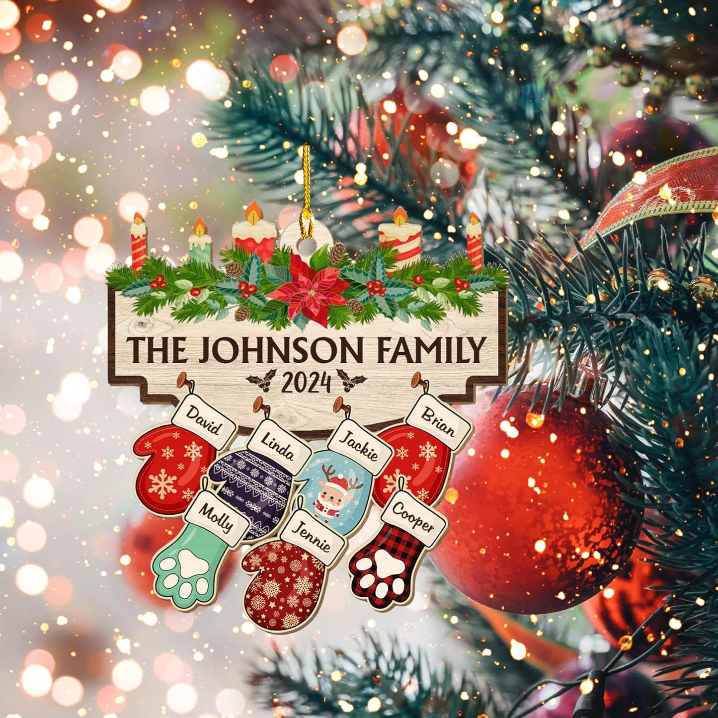 Family with Pet Ver 2 - Personalized Custom Wood Ornament, Family Gloves Christmas Ornament 2024, Xmas Ornament Gifts for Family Tree Decoration (A06, 9 Names)