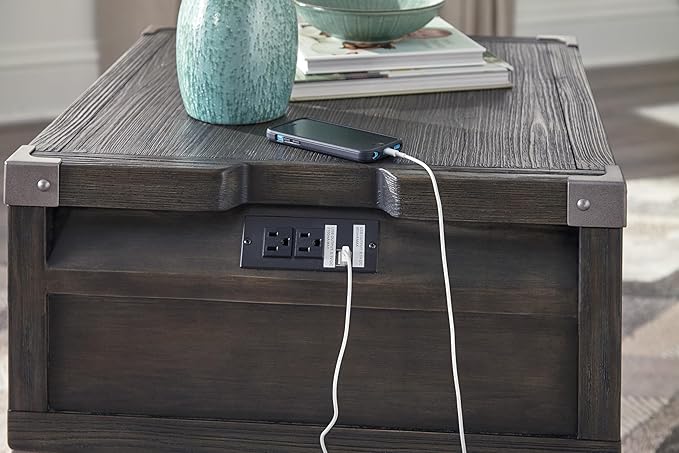 Signature Design by Ashley Todoe Industrial Square End Table with 1 Drawer, 2 Outlets and 2 USB Charging Ports, Dark Gray with Weathered Pine Finish