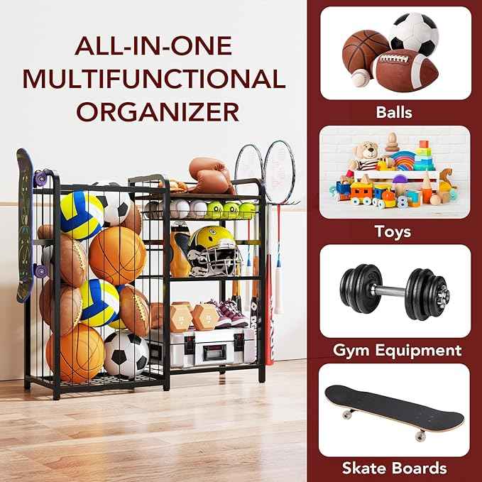 Garage Sports Equipment Organizer, Ball Storage for Gear and Toys, Large Capacity, Sports Organizer for Garage with Hooks and Baskets