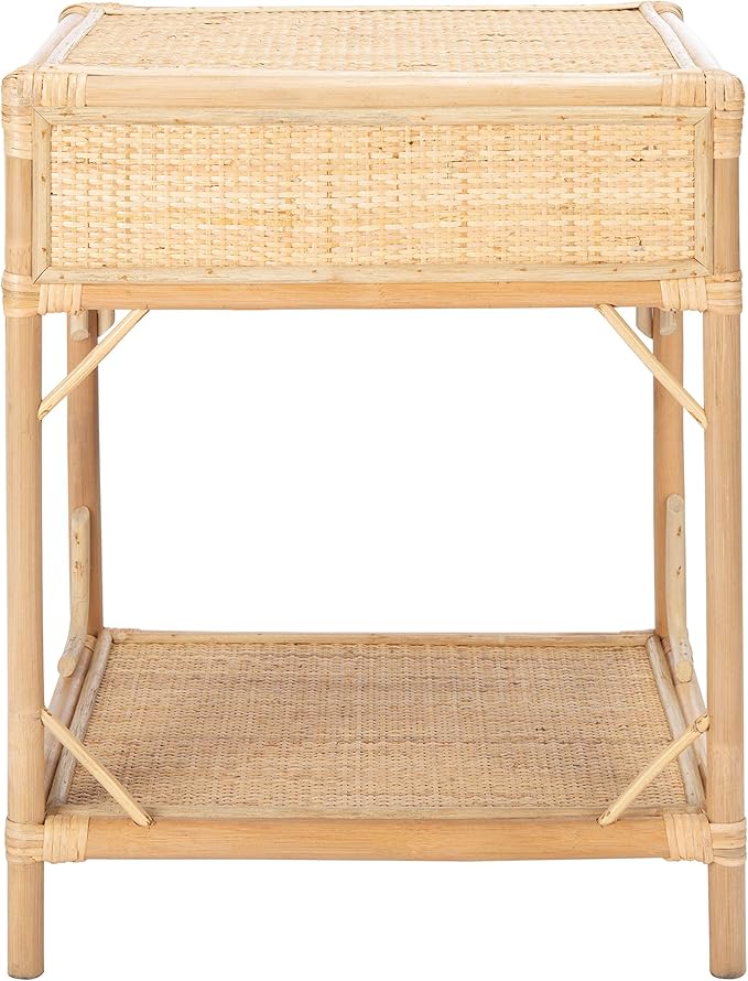 SAFAVIEH Home Collection – Roya Natural Nightstand with Drawer & Shelf, Coastal Accent Table, Bamboo-Style Frame & Rattan Drawer (NST4005A)