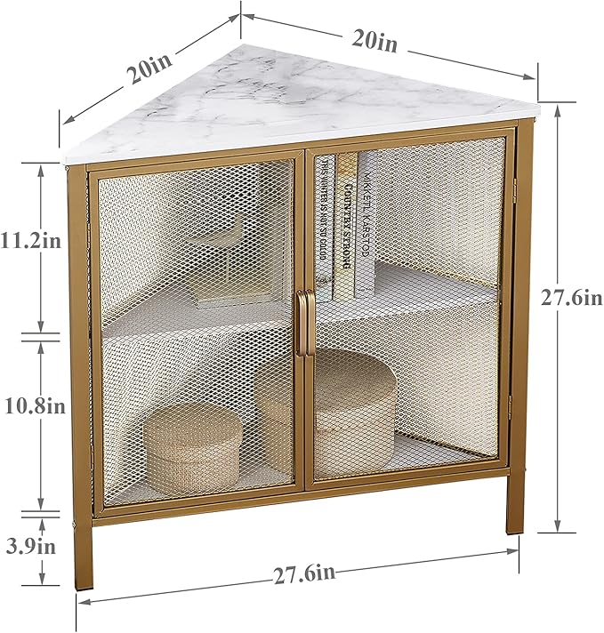 VECELO Corner Cabinet Table with 3-Tier Shelf, Freestanding Storage Organizer for Small Space in Living Room/Bedroom/Kitchen, Two Doors, Gold