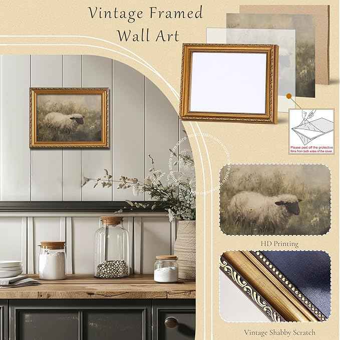 uniro Vintage Gold Framed Wall Art, Rustic Sheep Landscape Canvas Art Prints Painting, Moody Summer Countryside Sheep Pasture Picture Wall Decor, Rustic Animal Frame Art for Bedroom, Gallary, Living Room, Office, Farmhouse Cabin Decor- 11x14Inch