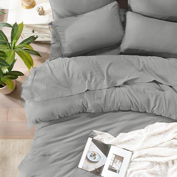 Andency King Size Comforter Set with Sheets Medium Grey - 7 Pieces Bed in a Bag Boho Soft Lightweight Bedding Sets, Tassel Bed Set with Comforter, Sheets, Pillowcases & Shams