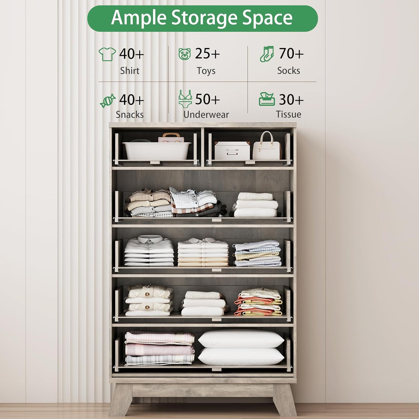 Fluted Dresser for Bedroom with 6 Drawers, 46" Tall Modern Chest of Drawers with Metal Handle, Wooden Dresser TV Stand, Wood Closet Clothes Storage Organizer for Living Room, Hallway, Grey