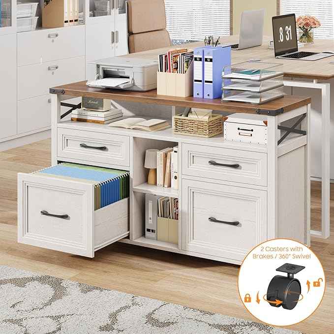 Vabches Farmhouse Filing Cabinet with Adjustable Shelf & Wheels, Lateral File Cabinets, Office Storage Cabinet with 4 Drawers and Open Storage Space, for Hanging Files Letter/A4, for Home Office