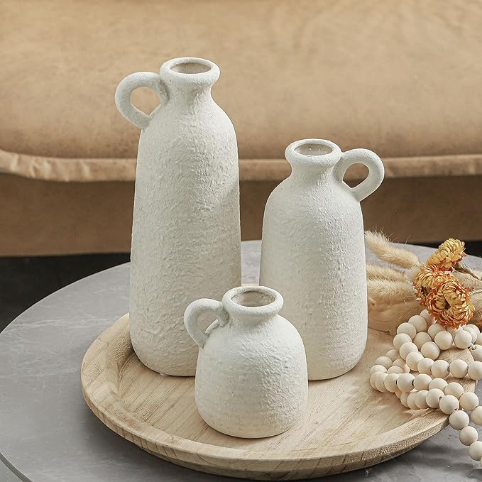 Ceramic Vase Set of 3 with Handle, Neutral Rustic Vases Home Decor Farmhouse Decorative Vase Whitewashed Pottery Decor Modern for Table Mantel Entryway Bookshelf Living Room Kitchen Bedroom - White