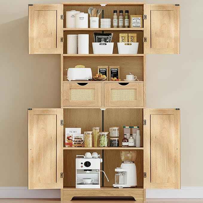 Iwell Tall Storage Cabinet with 2 Drawers & Adjustable Shelves, Rattan Cabinet, Kitchen Storage Cabinet, Pantry Cabinet with 4 Doors, Tall Cabinet for Living Room, Kitchen, Home Office, Natural