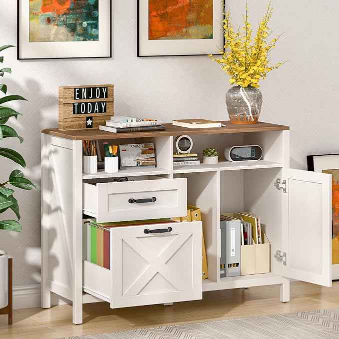 Vabches Lateral File Cabinet, Farmhouse 2 Drawer File Cabinet with Open Storage Shelf for Letter/Legal/A4 Size Hanging Files, Large Wood Storage Cabinets Printer Stand for Home Office, White