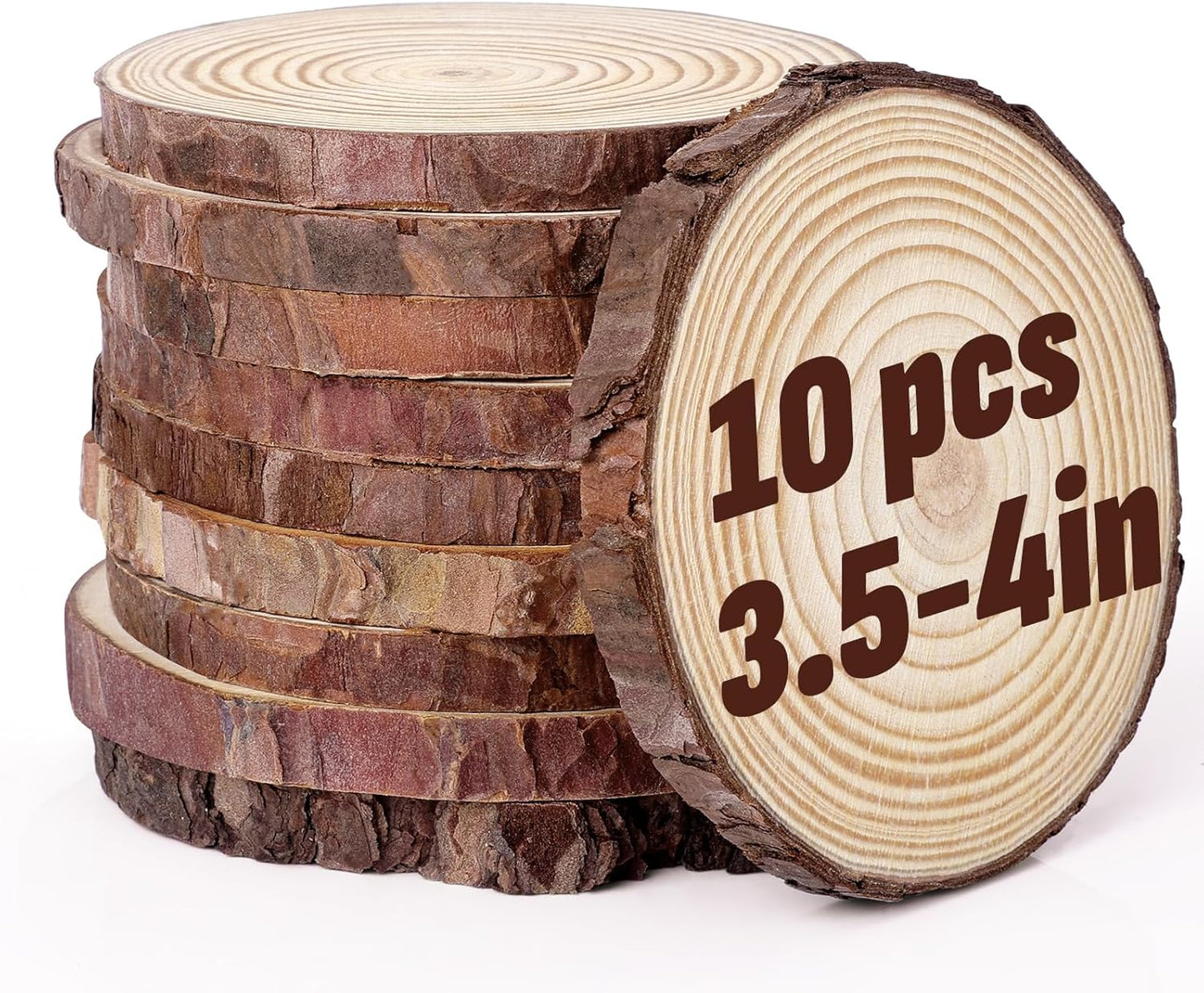 FUMILE Unfinished Natural Wood Slices 3.5-4 Inch, 10 PCS Round Wooden Discs with Tree Bark, Wood Rounds for Crafts Christmas Ornaments, Wood Circles for Rustic Wedding Decoration