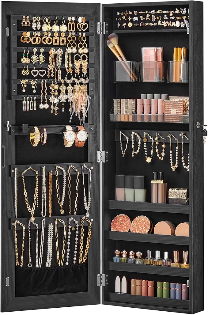 SONGMICS Mirror Jewelry Cabinet Armoire, Wall or Door Mounted Jewelry Storage, Hanging Lockable Frameless with 2 Plastic Cosmetic Organizers, Gift Idea, Black UJJC001B01