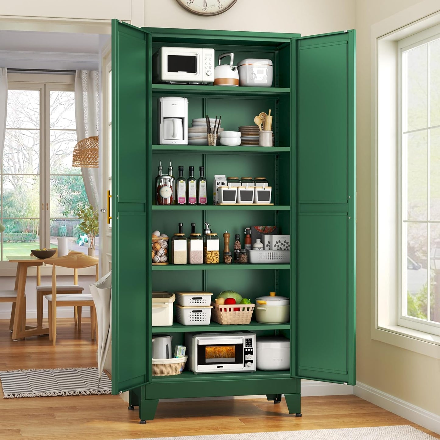 75.2" Tall Kitchen Food Pantry, Pantry Cabinet with 2 Door and 5 Adjustable Shelves, Green Laundry Room Cabinets, Freestanding Pantry for Kitchen, Study Room, Dining Room and Entryway - Décor Diaries