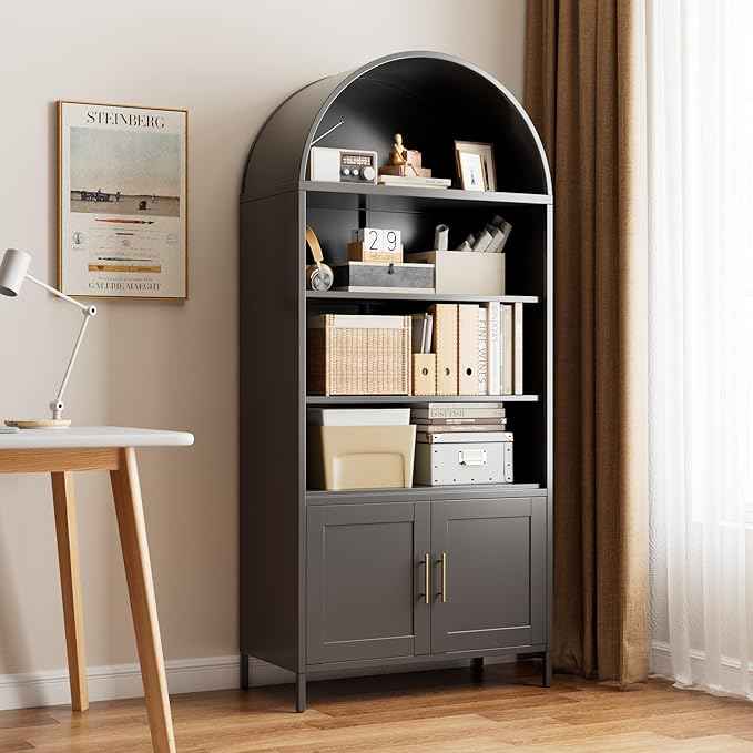 Metal Arched Bookcase Cabinet,Wide Black Arched Bookshelf with 2 Adjustable Shelf for Home Office Living Room,Required Assembly,17.7" D x 35.5" W x 78.8" H