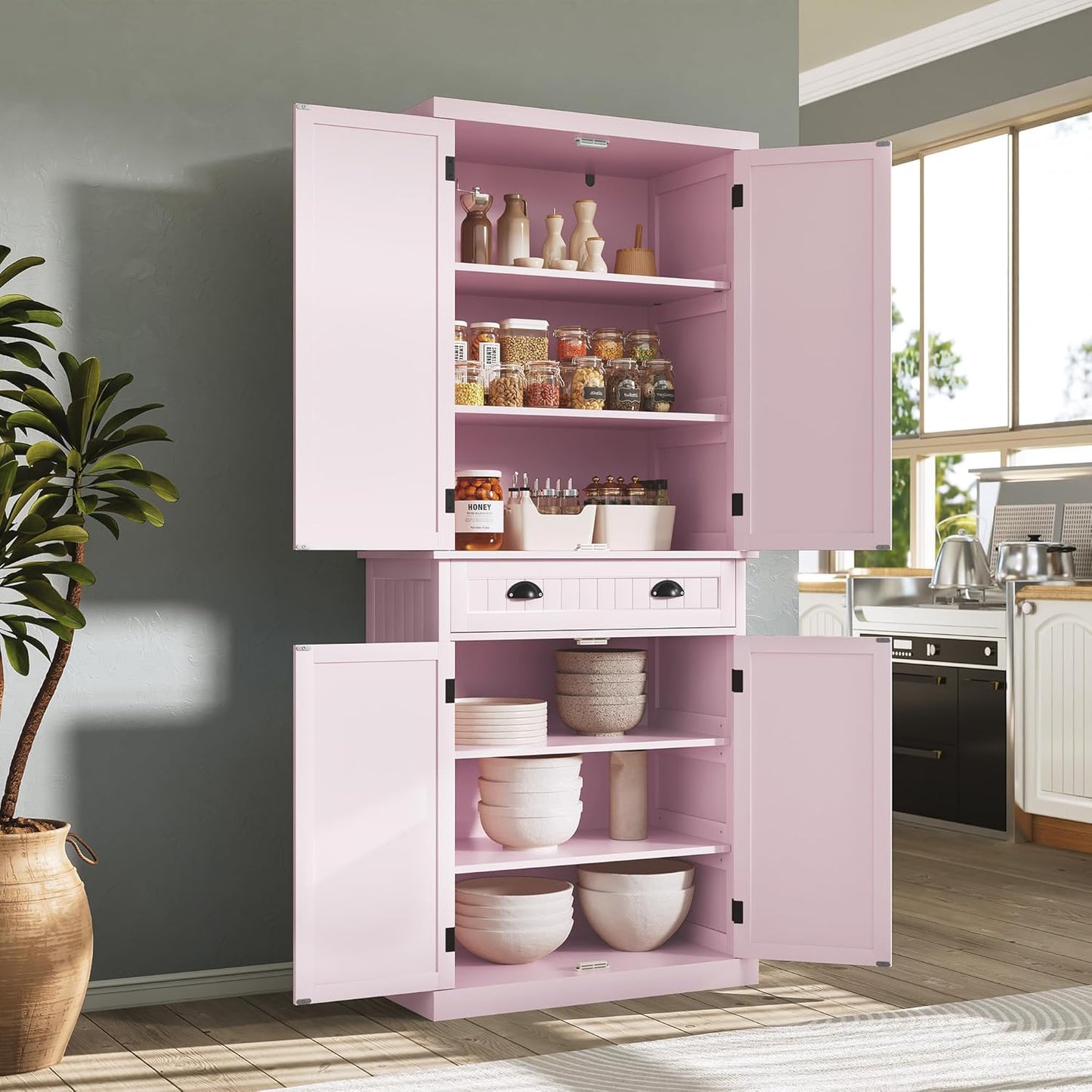 ARTPOWER 72" Tall Kitchen Pantry Storage Cabinet with Drawer and Adjustable Shelves, Pantry Cabinet for Kitchen, Bathroom or Hallway, Pink - Décor Diaries