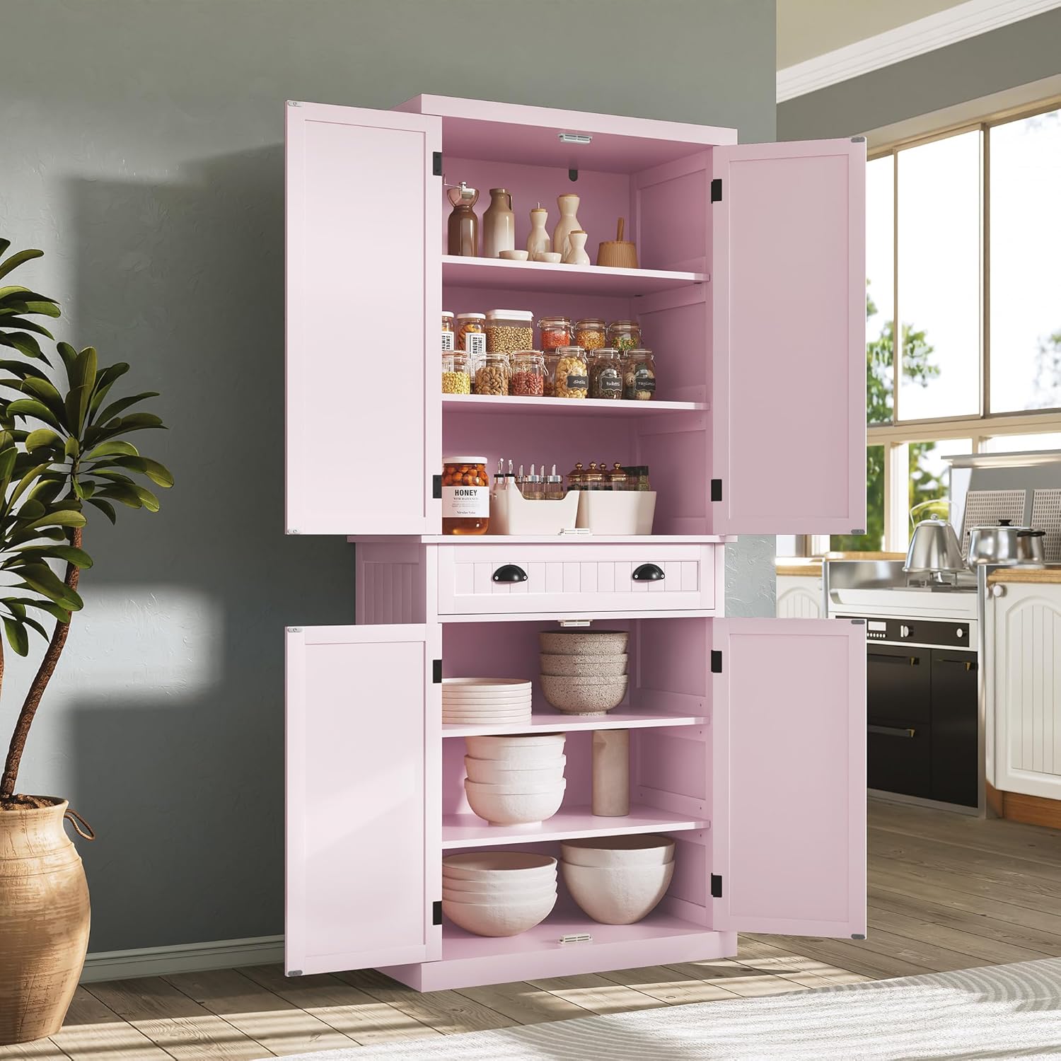 ARTPOWER 72" Tall Kitchen Pantry Storage Cabinet with Drawer and Adjustable Shelves, Pantry Cabinet for Kitchen, Bathroom or Hallway, Pink - Décor Diaries