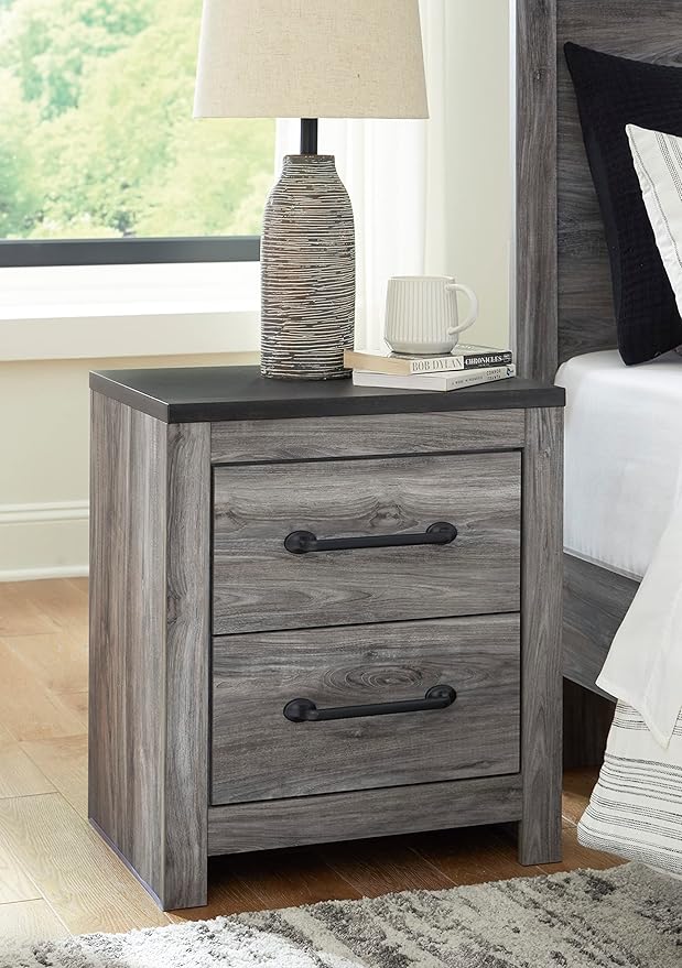 Signature Design by Ashley Bronyan Rustic 2 Drawer Nightstand, 2-Tone Look, Light Gray and Dark Gray, Large Scale Handles, Fully Finished Drawer Interiors, 24.72" Tall, Gray