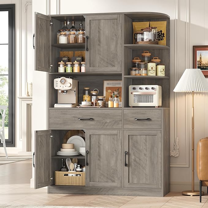 67" Kitchen Pantry Cabinet, Modern Kitchen Hutch with 5 Doors and 2 Drawers, 3-Tier External Shelf, Large Pantry Storage Cabinet with Microwave Stand for Dining Room, Ash Gray