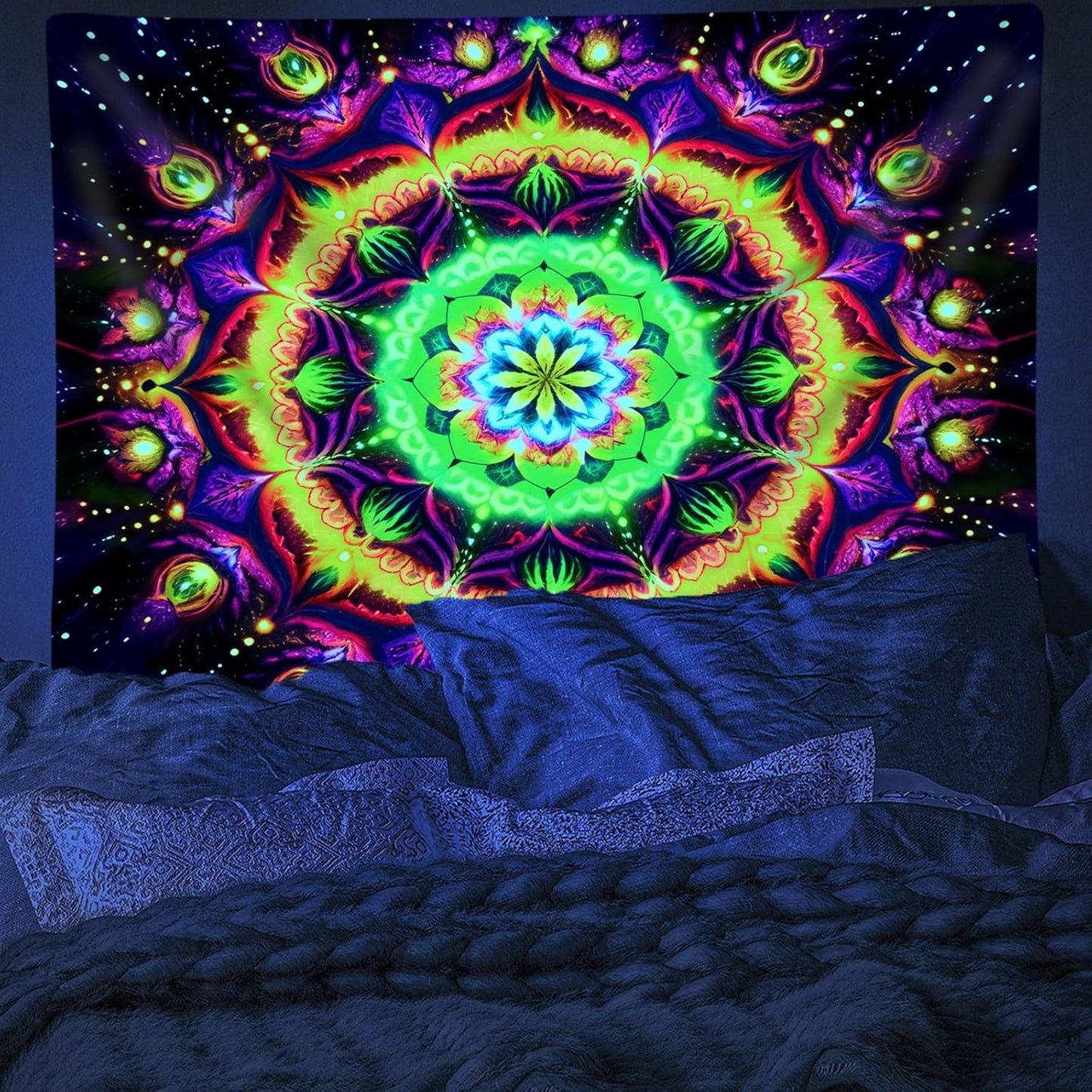 Blacklight Mandala Tapestry for Bedroom, Psychedelic Flower Black Light Posters for Adults and Teens, UV Reactive Aesthetic Bohemian Art Wall Hanging Decor Golden and Green (60 x 50 Inches)