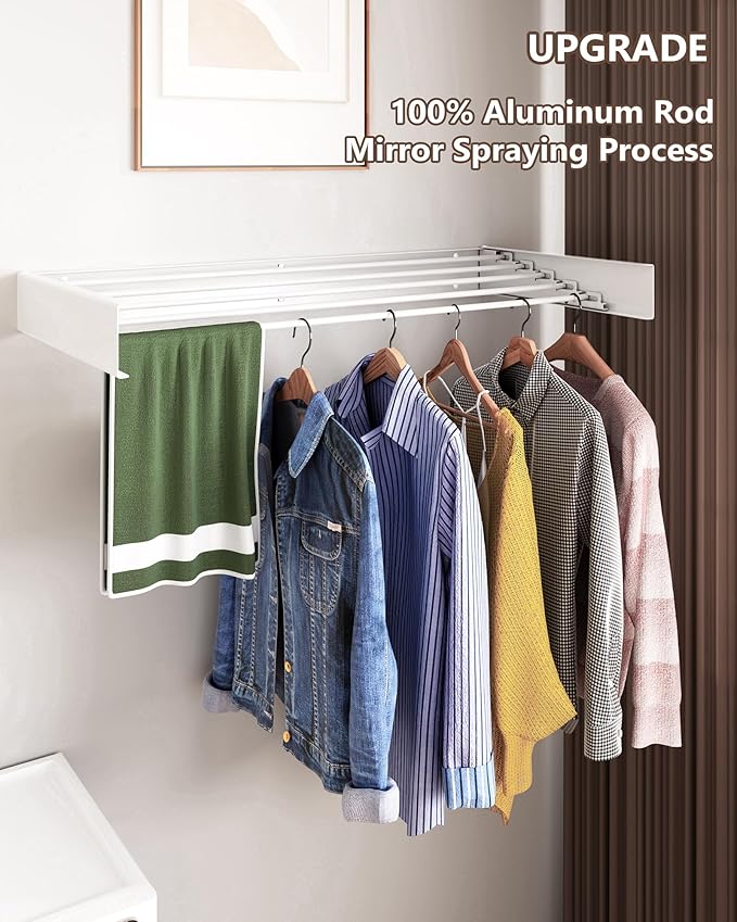 Wall Mounted Drying Rack 40", 5 Aluminum Poles, 60 lb. Load Capacity, Foldable, Retractable, Space Saving Clothes Drying Rack (40" White)