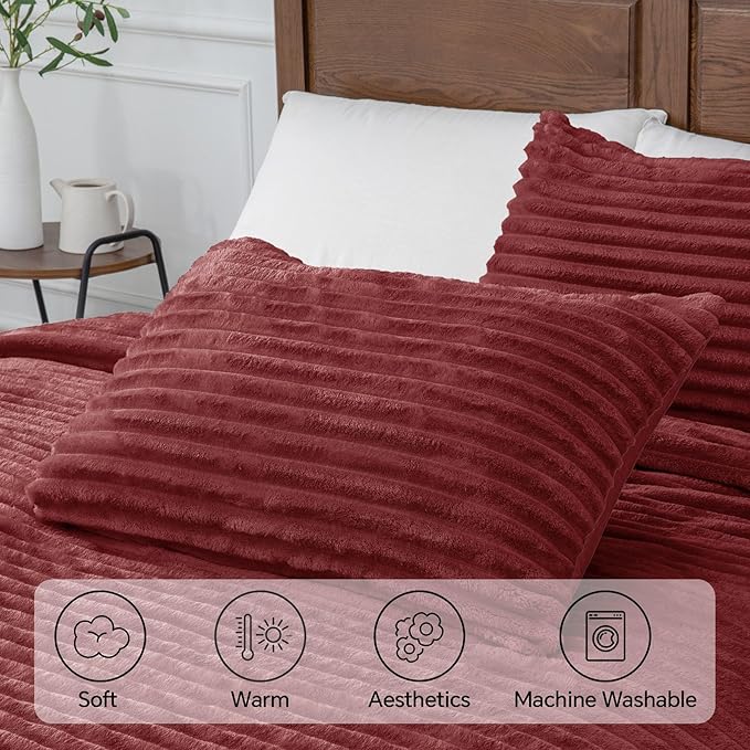 BEDELITE Fleece California King Comforter Set -Super Soft & Warm Fluffy Burgundy Bedding, Luxury Fuzzy Heavy Bed Set for Winter with 2 Pillow Cases