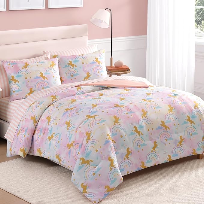 Queen Comforter Set with Sheets for Girls-7 Pieces Queen Bedding Sets with Pink Comforter, Sheets, Pillowcases & Shams for Kids (Gold Unicorn, 90" X 90")
