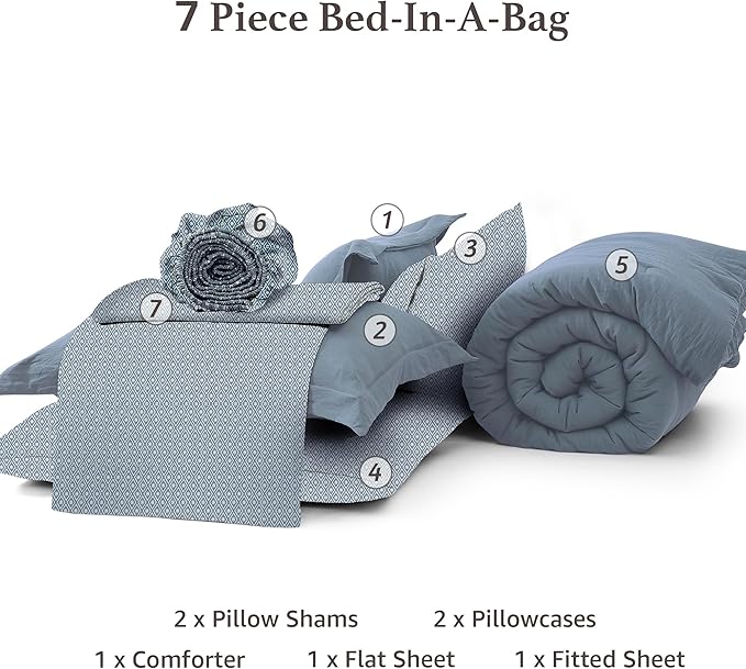 Monbix Full Size Comforter Set - 7 Pieces Oxford Blue Prewashed Bed in a Bag Full Bedding Sets with Comforters, All Seasons Ultra Soft Comforter Bed Set with Sheets,Pillowcases & Shams
