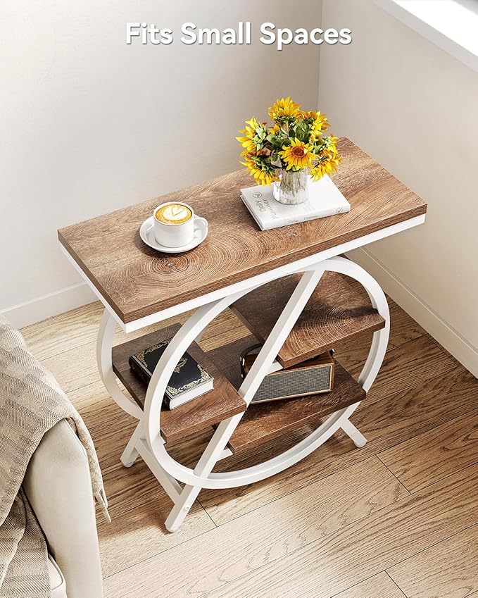 LITTLE TREE End Table, Set of 2 Narrow Side Table with 4-Tier Large Storage Space, Modern Bedside Table for Living Room, Home Office, Bedroom, Brown and White