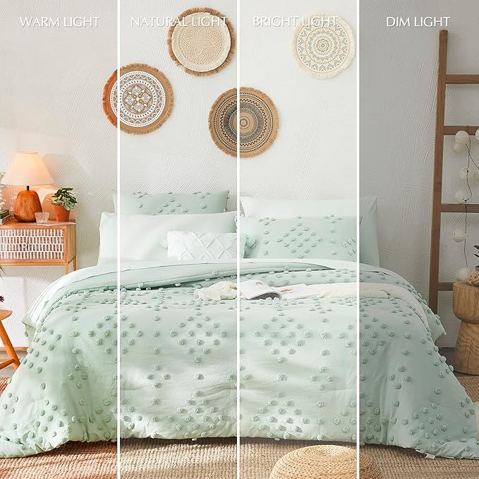 Geniospin Sage Green Full Comforter Set for Girls- 7 Pieces Pom Tufted Bed in A Bag Twin Bedding Sets with Sheets, Pillowcases & Shams, All Season Kids Comforter Set
