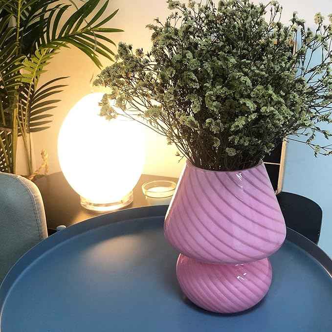 Mushroom Lamp,Glass Mushroom Bedside Table Lamps Purple Translucent Murano Vintage Style Striped Small Nightstand Desklamp Swirl Light for Home Decor, Dining, Living, Bedroom, Gift (Stripe Purple)