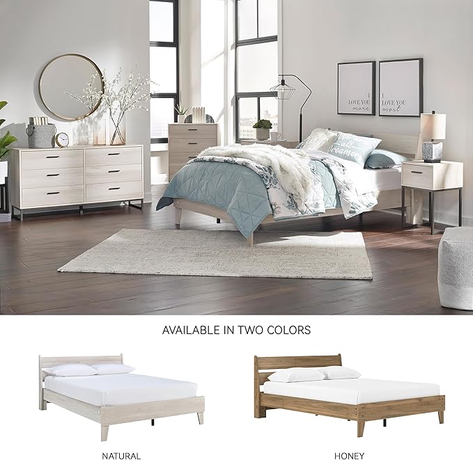 Signature Design by Ashley Socalle Contemporary Panel Platform Bed, Foundation or Box Spring Not Needed, Queen, Beige