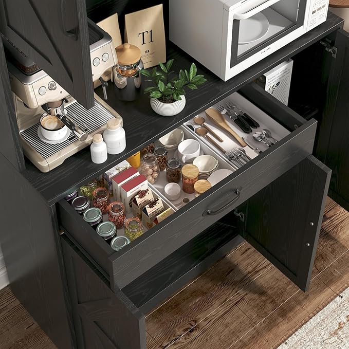 71" Pantry Cabinet with Charging Station, Large Capacity Kitchen Hutch Storage Cabinet, Kitchen Cabinet with Microwave Stand, Storage Drawers & Adjustable Shelves for Dining Room, Black