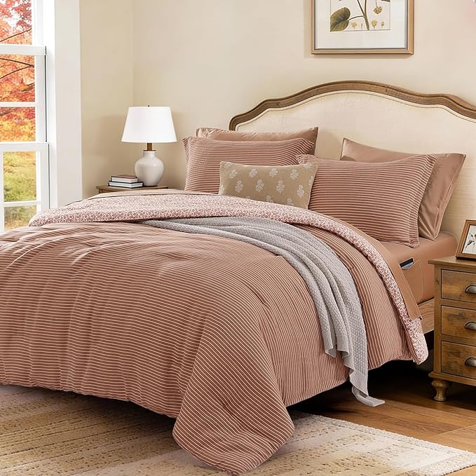 Queen Comforter Set - 7 Pieces Autumn Leaf Gauze Muslin Bedding Sets for All Seasons, Lightweight Breathable Bed in a Bag Queen with Revesible Farmhouse Comforter, Sheets, Pillowcases & Shams