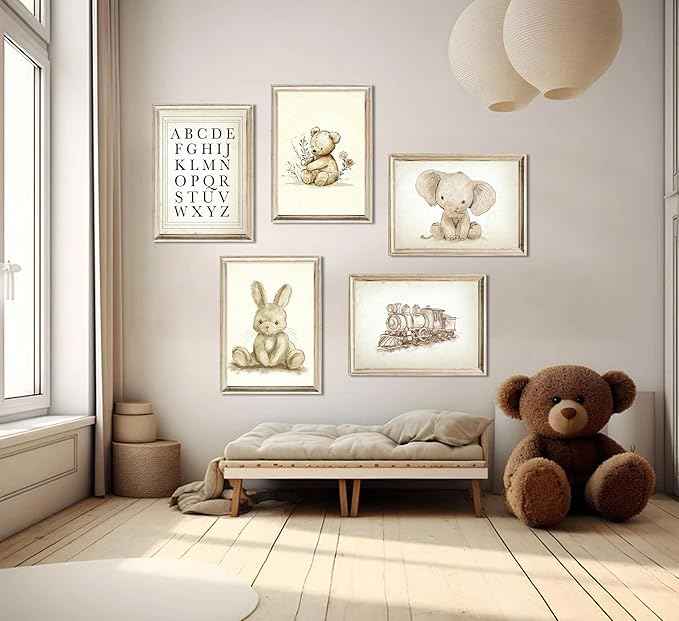 Vintage Nursery Wall Art Cute Animals Canvas Posters Prints Bear Rabbit Elephant Painting Artwork Retro Farmhouse Children's Playroom Educational enlightenment Wall Decor 12x16 Inch Unframed Set Of 5