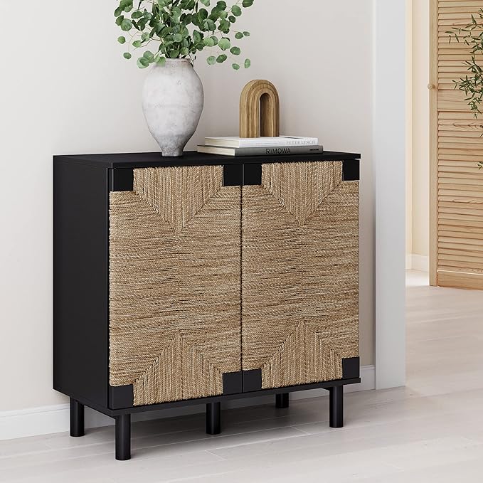 Nathan James Beacon Accent Natural Sideboard Storage Cabinet in Wire-Brushed Wood with Adjustable Interior Shelf and Seagrass Doors, for Hallway, Entryway or Dining Room, Black