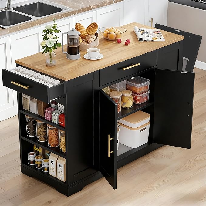YITAHOME 53 Inch Large Rolling Kitchen Island with Trash Can Storage Cabinet, Portable Mobile Islands Table Long Floating Movable w Wheels Cabinet for 13 Gallon Garbage Bin 2 Drawer, Black