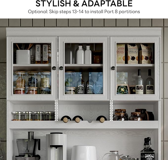 LIKIMIO 74.8" China Cabinet with Glass Doors, Tall Kitchen Pantry, Storage Cabinet with Microwave Stand, 4 Adjustable Shelves, Wine & Glass Station, Modern Display Cabinet for Home Living Room, White