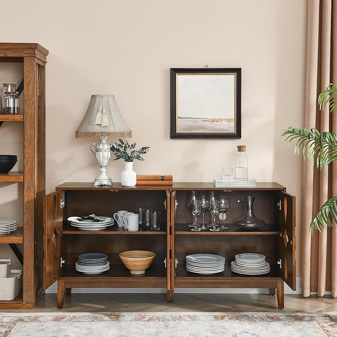 Ball & Cast 60" Mid Century Modern Sideboard Cabinet with Openwork Carving, Media Console & Buffet Cabinet with 4 Doors and Adjustable Shelves for Living Room,Kitchen Coffee Bar, Dining Room, Walnut
