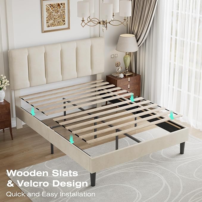 VECELO Queen Size Bed Frame with Upholstered Headboard, Heavy-Duty Bedframe with Strong Wooden Slats Support, No Boxing Spring Needed, Pale Beige