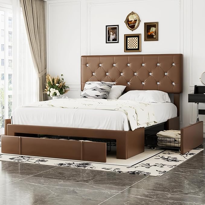 VECELO Full Size Bed Frame with 3 Storage Drawers, Leather Upholstered with Diamond Tufted Headboard, Solid Wood Slat Support, No Box Spring Needed, PU & Brown