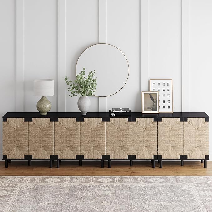 Nathan James Beacon Accent Natural Sideboard Storage Cabinet TV Stand in Wire-Brushed Wood with Adjustable Interior Shelf and Seagrass Doors, for Hallway, Entryway or Dining Room, Black, Set of 4