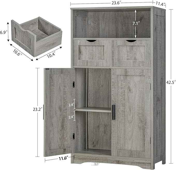 Iwell Storage Cabinet with 2 Drawers & 2 Adjustable Shelves, Kitchen Cabinet, Cupboard, for Living Room, Kitchen, Entryway, Home Office, Grey