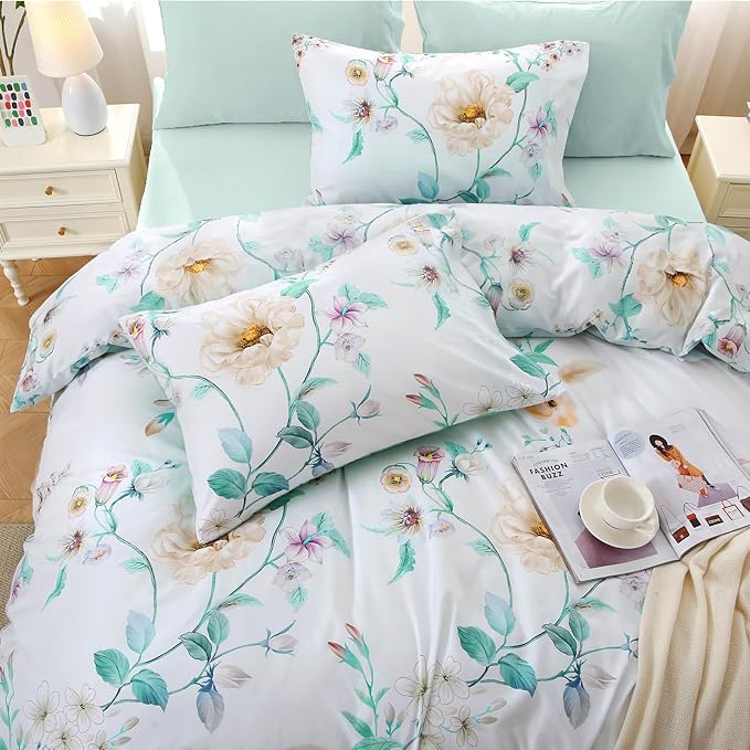MUXHOMO Green Branch Bed in a Bag King 7 Pieces, King Comforter Set Reversible Botanical Flowers Design, Ultra Soft & Breathable Bedding Sets with Comforter, Sheets, Pillowcases & Shams