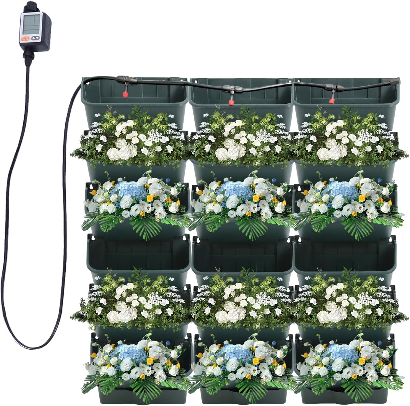 18 Pots Self-Watering Vertical Wall Planter, 39.4”L x 39.4”H Stackable Plastic Wall-Mounted Plant Grow Pots, Wall Hang Garden Planter Outdoor Indoor for Herbs Flowers Strawberries (Green)