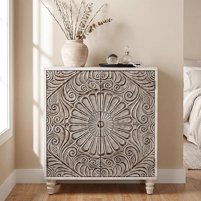 COSIEST Set of 3 32" Buffet Sideboard Cabinets with Storage, Accent Cabinet with Push-to-Open Doors, Vintage Flower Carved Pinewood Doors, Entryway Console for Living Room, Kitchen, Hallway, Gray