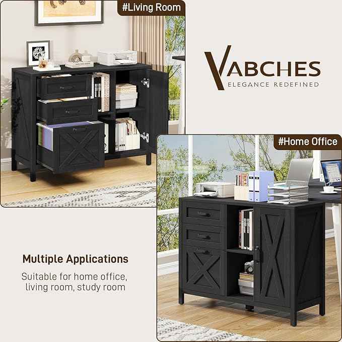 Vabches Lateral File Cabinet, Farmhouse 3 Drawer File Cabinet with Open Storage Shelf for Letter/Legal/A4 Size Hanging Files, Large Wood Storage Cabinets Printer Stand for Home Office, Black