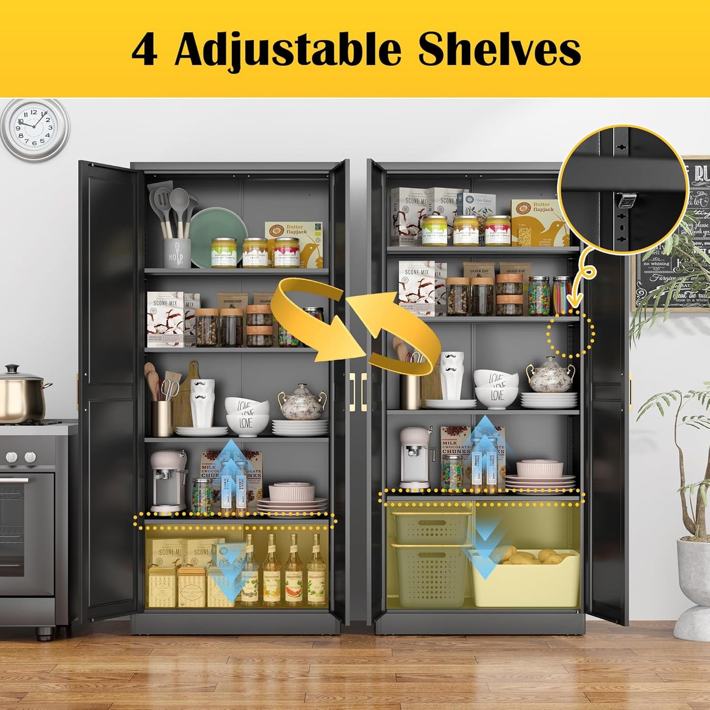 Kitchen Pantry Cabinet,71”Black Metal Pantry Storage Cabinet with Doors and 4 Adjustable Shelves,Kitchen Cabinet with 2 Gold Handles,Tall Cabinet for Livingroom,Pantry, Bathroom - Décor Diaries