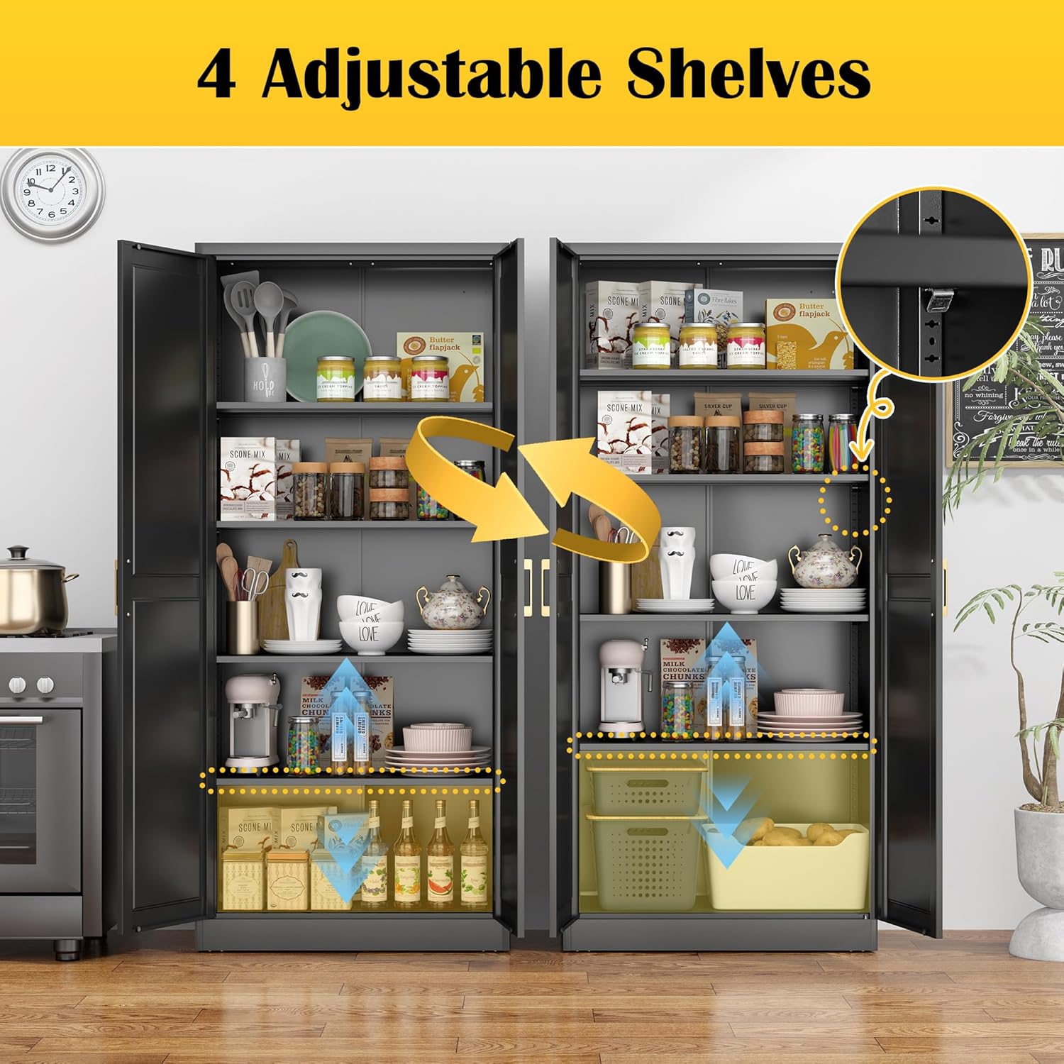 Kitchen Pantry Cabinet,71”Black Metal Pantry Storage Cabinet with Doors and 4 Adjustable Shelves,Kitchen Cabinet with 2 Gold Handles,Tall Cabinet for Livingroom,Pantry, Bathroom - Décor Diaries