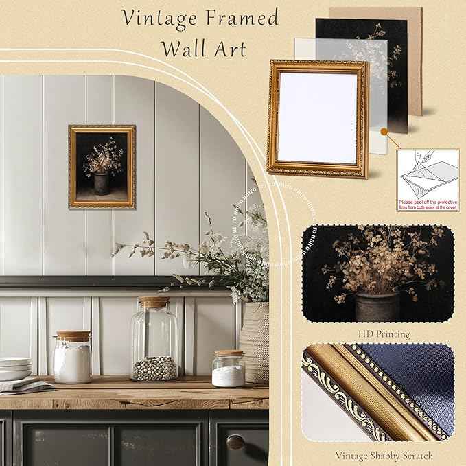 uniro Vintage Gold Framed Wall Art for Home Decor, Moody Floral Canvas Art Prints Painting for Fall Wall Decor, Retro Fall Dried Flowers Vase Wall Painting, Rustic Botonical Still Life Autumn Frame Art for Bedroom, Gallary, Living Room, Office- 11x14Inch