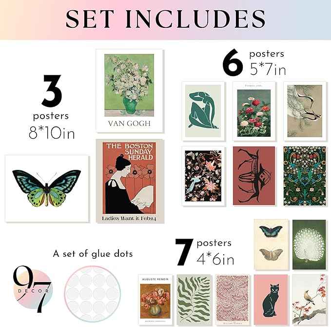 97 Decor Vintage Eclectic Home Decor - Boho Gallery Wall Art Prints Set, Cute Dorm Posters For Room Aesthetic Pictures, Earthy Boho Wall Decor For Teen Girl Bedroom Apartment Decoration (Unframed)