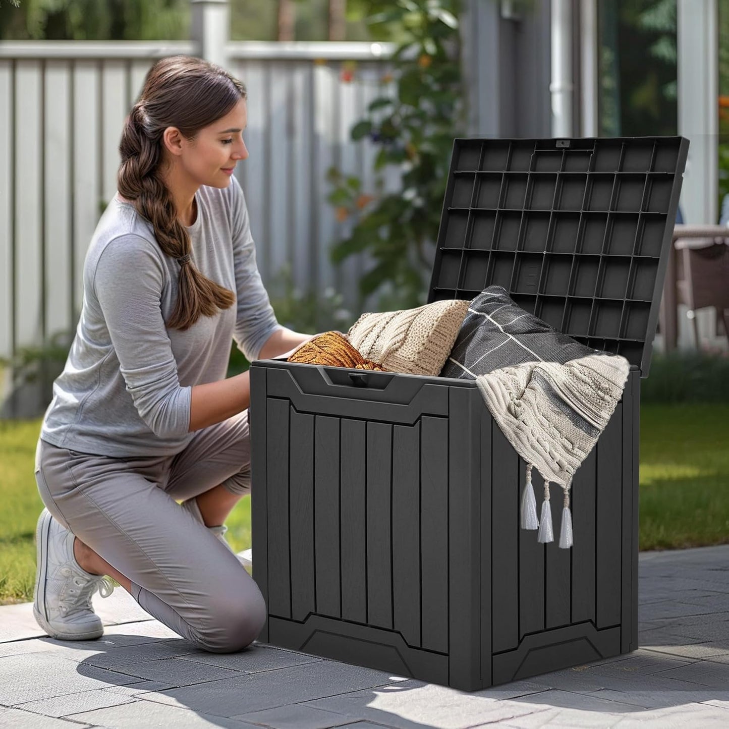 YITAHOME 31 Gallon Resin Deck Box Outdoor Storage Box and Waterproof Package Delivery Box with Lockable Lid for Patio Furniture, GardenTools, Pool Supplies, Black