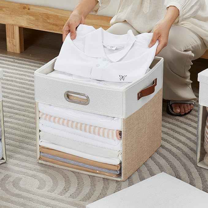 Fabric Storage Cubes with Clear Windows and Lids, 13'' Foldable Storage Bins with 3 Handles, Decorative Storage Boxes for Home, Bedroom, Closet, Office (Beige & White)